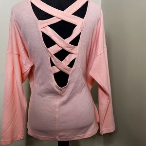 Baby pink knit pullover top  open back Lace-up cutouts. Soft Coquette Girl